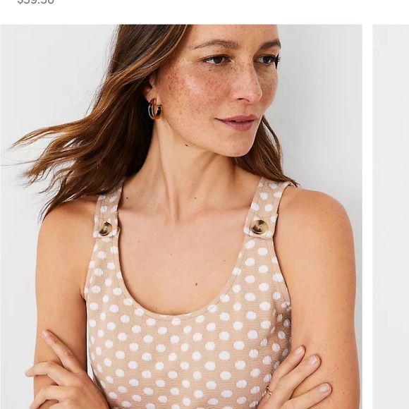 Ann Taylor Petite Dot Shoulder Button Scoop Neck Tank Stretch Cotton Beige Sz MP - Picture 1 of 11